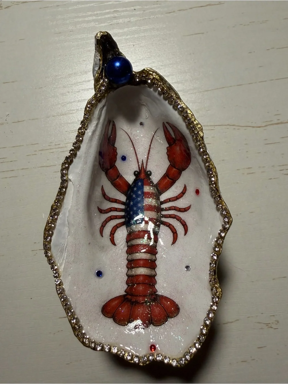 Handmade decoupage Patriotic Lobster Oyster Shell trinket dish